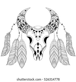 Zentangle boho animal skull with bird feathers. American ethnic vector illustration for adult coloring pages, books, art therapy, bohemian tattoo, t-shirt print, posters, t-shirt.