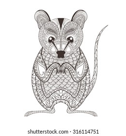 Zentangle brown  Possum totem for adult anti stress Coloring Page for art therapy, illustration in doodle style. Vector monochrome sketch with high details isolated on white background