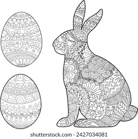 Zentangle bunny easter coloring in cartoon style. Flower ornament. Vector set. Illustration decorative background design.