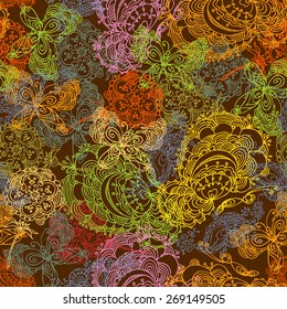 Zentangle butterfly floral background in vector. Seamless pattern for textile, package, print, web design. Bright lively colors on dark brown background. Yellow, orange, red, green, blue.