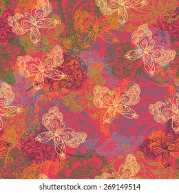 Zentangle butterfly floral background in vector. Seamless pattern for textile, package, print, wrapping paper, web design. Bright lively colors on red background. Beige, orange, green, purple, teal.