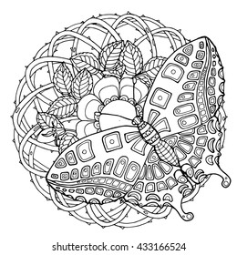 Zentangle butterfly on wilde rose, brier flower mandala, page for adult colouring book