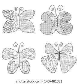 Zentangle butterfly set for adult antistress coloring book on white background. Zen art illustration.