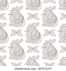 Zentangle Cartoon rooster with mistletoe seamless pattern. Hand drawn sketch for adult coloring pages, fabric. Vector illustration for Chinese New Year 2017 greeting cards, posters, background.