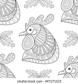 Zentangle Cartoon rooster with mistletoe seamless pattern. Hand drawn sketch for adult coloring pages, t-shirt print, fabric. Vector illustration for New Year 2017 greeting cards, posters, background.
