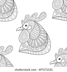 Zentangle Cartoon rooster seamless pattern. Hand drawn sketch for adult coloring page, t-shirt print, fabric. Xmas decorative elements. Vector illustration for New Year 2017 greeting cards, posters. 