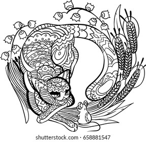 Zentangle cat chasing a little mouse. Little rat getting ready to die. Freehand sketch for adult anti stress coloring book