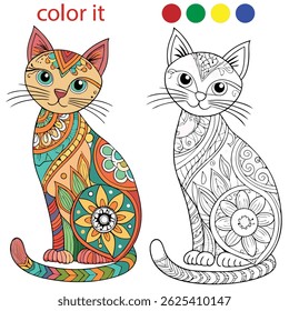  Páginas para colorir de gato Zentangle | Modelos de gatos abstratos com preenchimentos de padrões criativos | Linha terapêutica arte para livros de colorir adultos