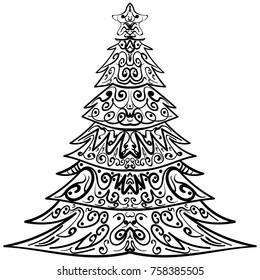 Zentangle Christmas tree, decorative spruce with a doodle ornament for adult coloring book page.