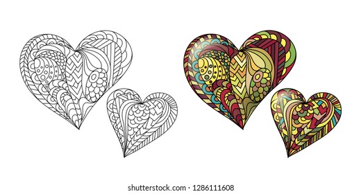 Zentangle color mandala heart vector dedicated to Valentines day. Adult coloring book page