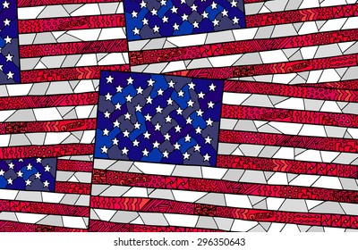 Zentangle colorful background with United States flag made with clipping mask. Vector ornament with USA flag can be used for web design, backgrounds, creating textile, cards and other crafts.