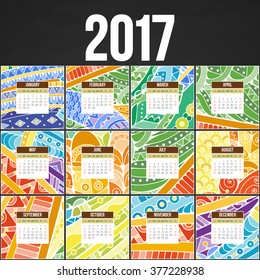 Zentangle colorful calendar 2017 hand painted in the style of floral patterns and doodle. Ornate, elegant and intricate style.