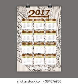Zentangle colorful calendar 2017 hand painted in the style of floral patterns and doodle. Ornate, elegant and intricate style.