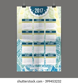 Zentangle colorful calendar 2017 hand painted in the style of floral patterns and doodle. Ornate, elegant and intricate style.