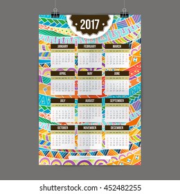 Zentangle colorful calendar 2017 hand painted in the style of floral patterns and doodle. Ornate, elegant and intricate style.