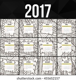 Zentangle colorful calendar 2017 hand painted in the style of floral patterns and doodle. Ornate, elegant and intricate style.