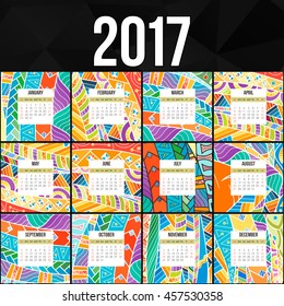 Zentangle colorful calendar 2017 hand painted in the style of floral patterns and doodle. Ornate, elegant and intricate style.