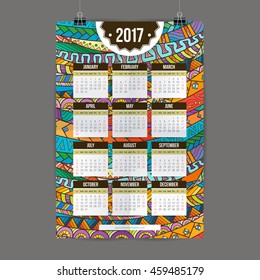 Zentangle colorful calendar 2017 hand painted in the style of floral patterns and doodle. Ornate, elegant and intricate style.