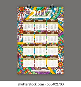 Zentangle colorful calendar 2017 hand painted in the style of floral patterns and doodle. Ornate, elegant and intricate style.