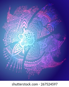 Zentangle colorful pattern. Detailed hand drawn doodle ornate. On a night background