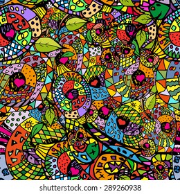 Zentangle colorful seamless pattern with warm colors. Pattern can be used for fabric, wallpaper or wrapping paper. Print on handbags, backpacks, wallets, billfold