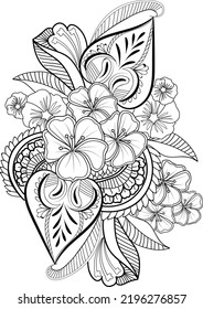 Zentangle coloring book page. Zendoodle flower line art black and white outline hand drawn illustration isolated botanic floral bouquet of pencil sketch for adult
