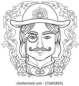 Zentangle coloring  page for adults anti stress with man face and decorative oak frame  with hat and monocle in vintage style