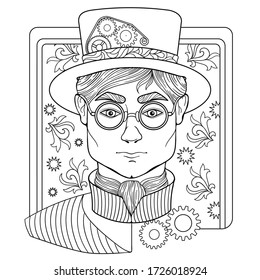 Zentangle coloring  page for adults anti stress with man face and decorative mechanical details with hat and eyeglasses in vintage style