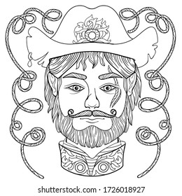 Zentangle coloring page for adults anti stress with man face and decorative details  with hat and rope  in vintage style