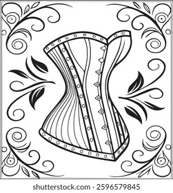 Zentangle coloring page for adults with vintage women's corset