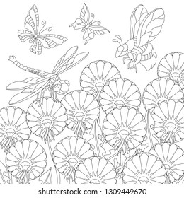 Zentangle coloring page. Colouring picture with butterfly, dragonfly, honey bee and dandelion flowers. Freehand sketch drawing for adult coloring book.