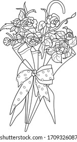 Zentangle coloring page. Coloring picture with umbrella and spring flowers. Freehand sketch drawing for adult coloring book.