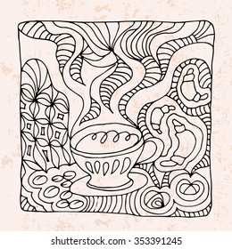 Zentangle with cup of coffee and sweets