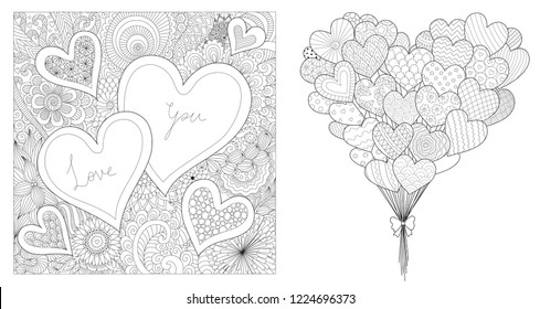 Zentangle design of hearted shapes set, for printing on cards and coloring for adult. Vector illustration