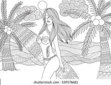 Zentangle Design Of Sexy Girl Holding Surfboard Walking On The Beach With Wavy Sea And Coconut Trees For Adult Coloring Book Pages