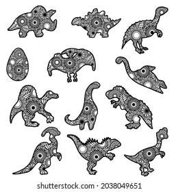 Zentangle dinosaurs set  isolated on white background. Vector illustration