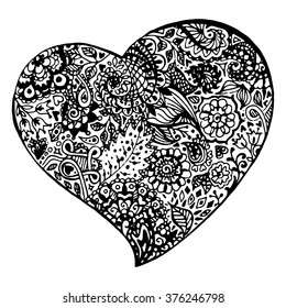 Zentangle doodle black heart ink hand drawn vector isolated