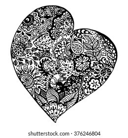 Zentangle doodle black heart ink hand drawn vector isolated