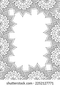 Zentangle Doodle Floral Borders Coloring Page Adult. Set of black and white labels with floral doodle patterns, hand draw in mehndi style. 