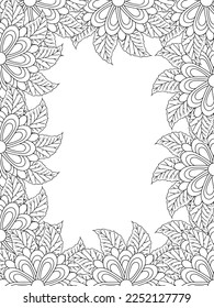 Zentangle Doodle Floral Borders Coloring Page Adult. Set of black and white labels with floral doodle patterns, hand draw in mehndi style. 