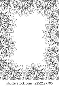 Zentangle Doodle Floral Borders Coloring Page Adult. Set of black and white labels with floral doodle patterns, hand draw in mehndi style. 