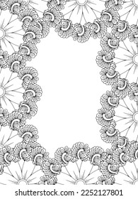 Zentangle Doodle Floral Borders Coloring Page Adult. Set of black and white labels with floral doodle patterns, hand draw in mehndi style. 