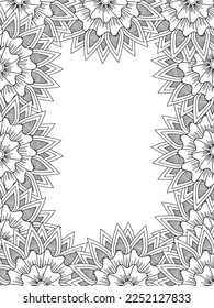 Zentangle Doodle Floral Borders Coloring Page Adult. Set of black and white labels with floral doodle patterns, hand draw in mehndi style. 