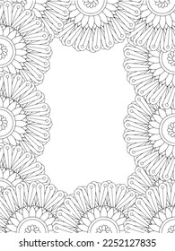 Zentangle Doodle Floral Borders Coloring Page Adult. Set of black and white labels with floral doodle patterns, hand draw in mehndi style. 
