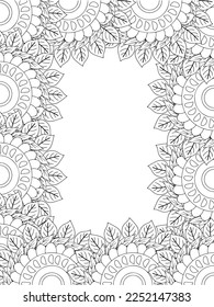 Zentangle Doodle Floral Borders Coloring Page Adult. Set of black and white labels with floral doodle patterns, hand draw in mehndi style. 