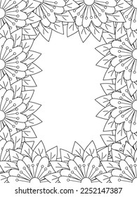 Zentangle Doodle Blumengrenzenfarbseite Erwachsene. Set von Schwarzweiß-Etiketten mit Blumenmuster, handgezeichnet im mehnten Stil. 