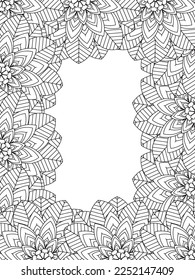 Zentangle Doodle Floral Borders Coloring Page Adult. Set of black and white labels with floral doodle patterns, hand draw in mehndi style. 