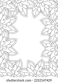 Zentangle Doodle Bordes Florales Colores Página Adulto. Juego de etiquetas en blanco y negro con motivos de doodle florales, traza a mano estilo mehndi. 