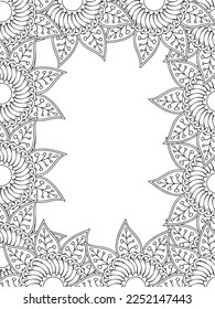 Zentangle Doodle Floral Borders Coloring Page Adult. Set of black and white labels with floral doodle patterns, hand draw in mehndi style. 