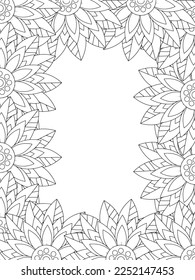 Zentangle Doodle Floral Borders Coloring Page Adult. Set of black and white labels with floral doodle patterns, hand draw in mehndi style. 